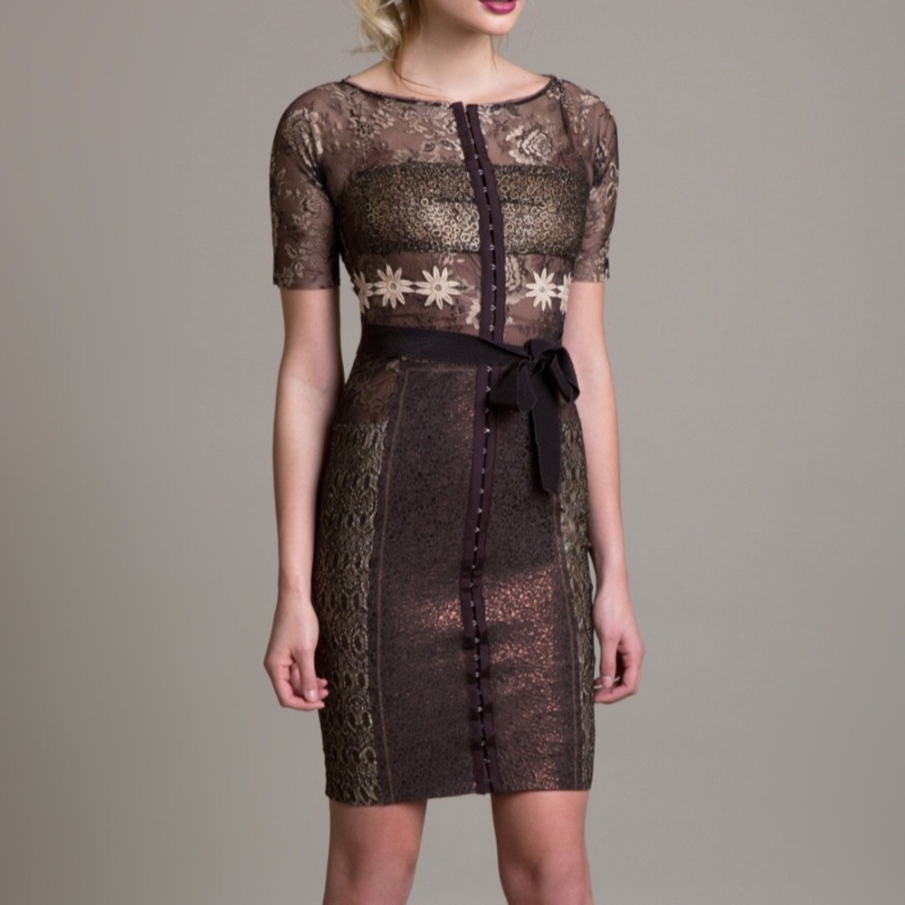 Byron Lars Antique Bronze Gold Lace Sheath Short Sleeve Mini Dress 0P